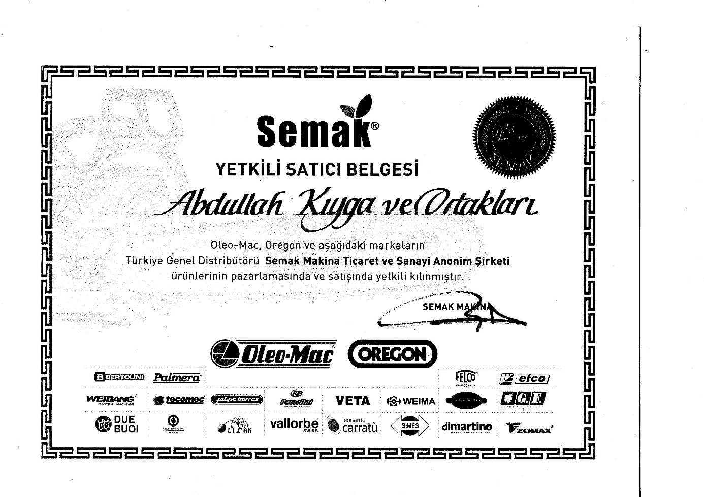 Semak Yetkili Satıcı Belgesi